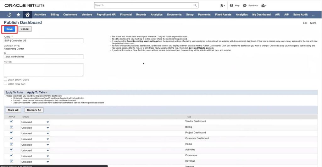 Publishing a Dashboard in NetSuite