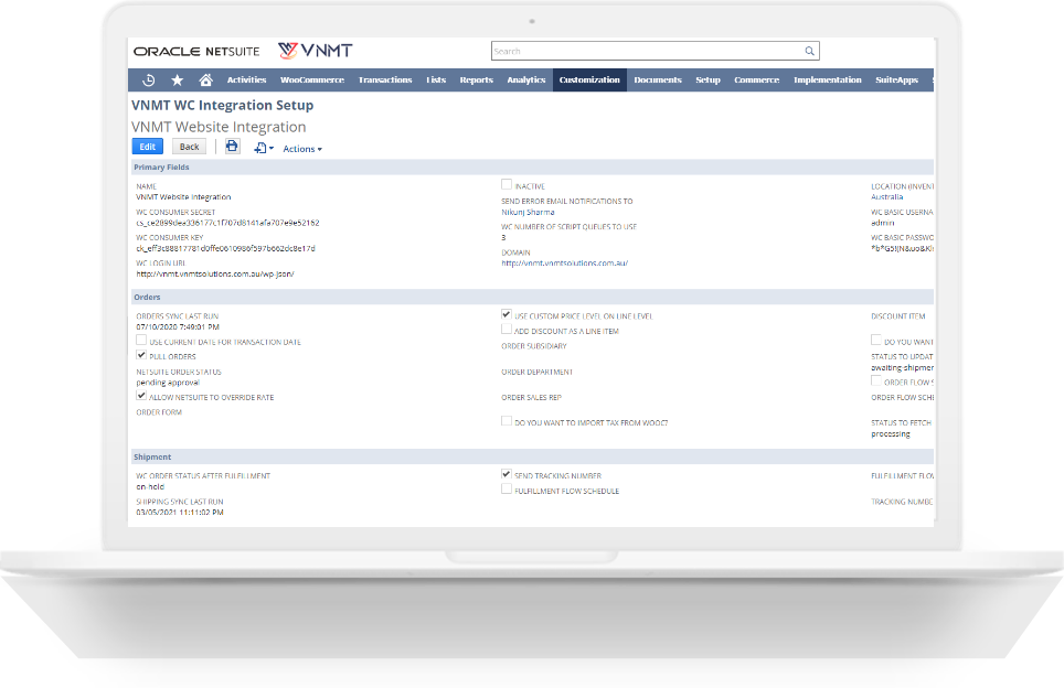 VNMT WooCommerce NetSuite Integrator