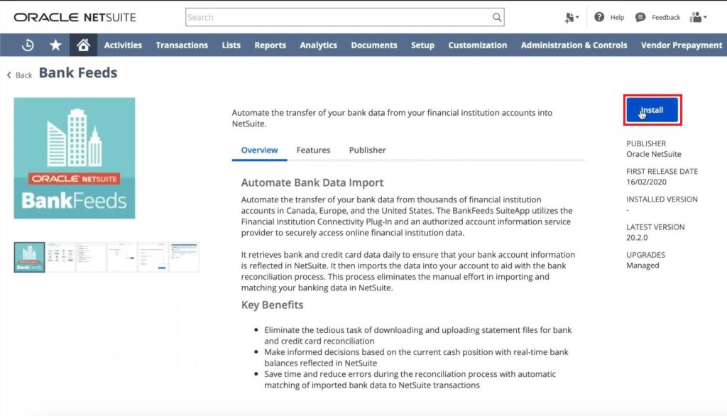 NetSuite Bank Feeds App Installation