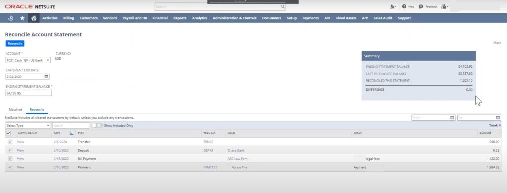 Reconcile account statement in NetSuite bank feeds