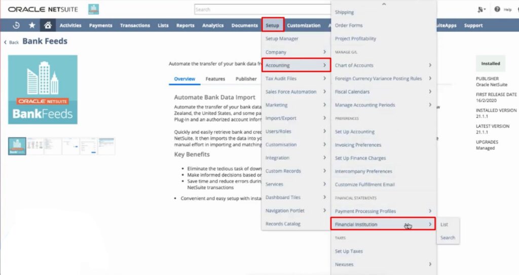 connecting financial institution in bank feeds