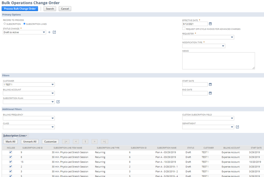 NetSuite 2021.2 - activation or suspension of many subscriptions or subscription lines