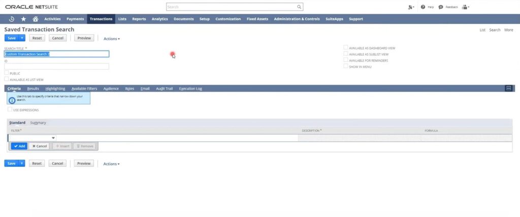 NetSuite quick search