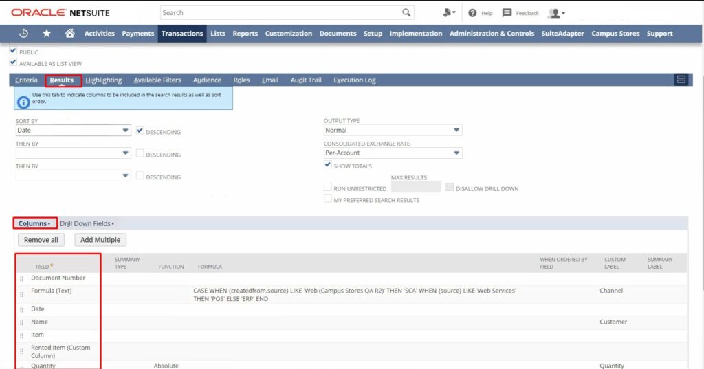 custom fields in netSuite saved search