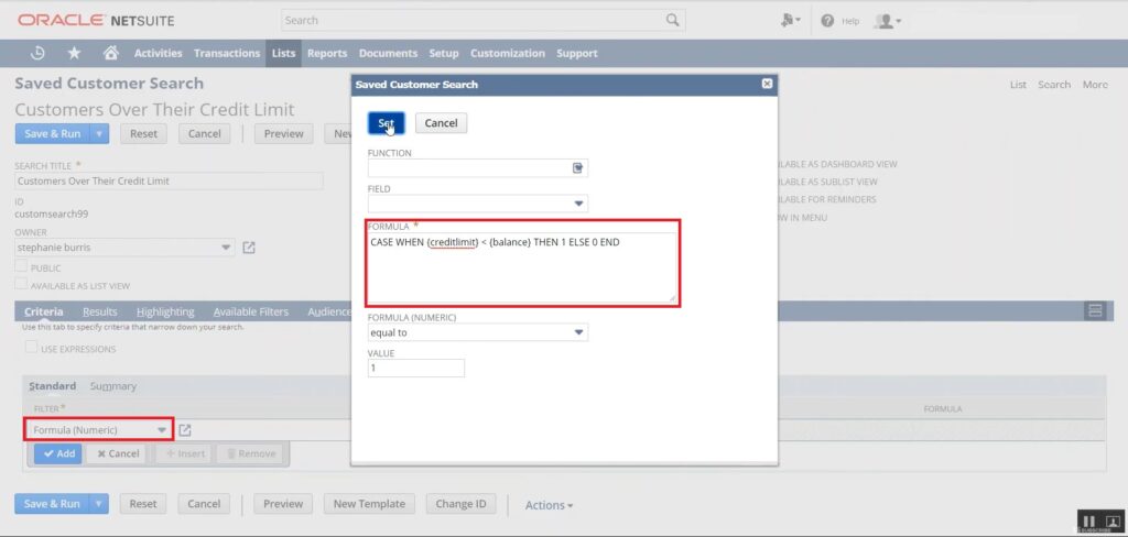 NetSuite formula (numeric) setup