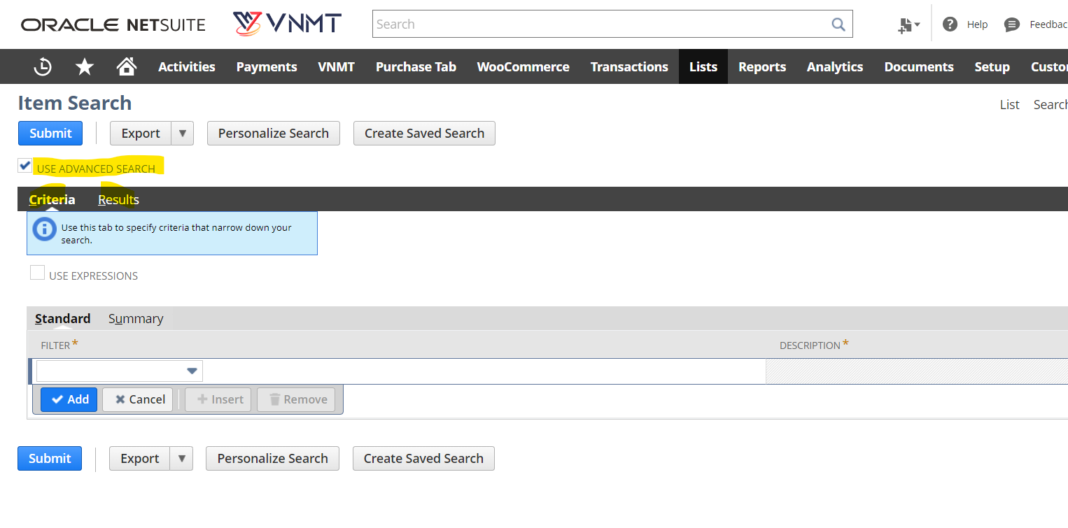 advanced search method in NetSuite