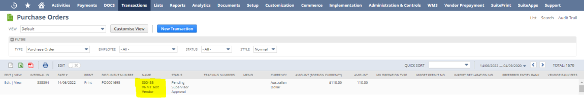 Purchase order list in netsuite