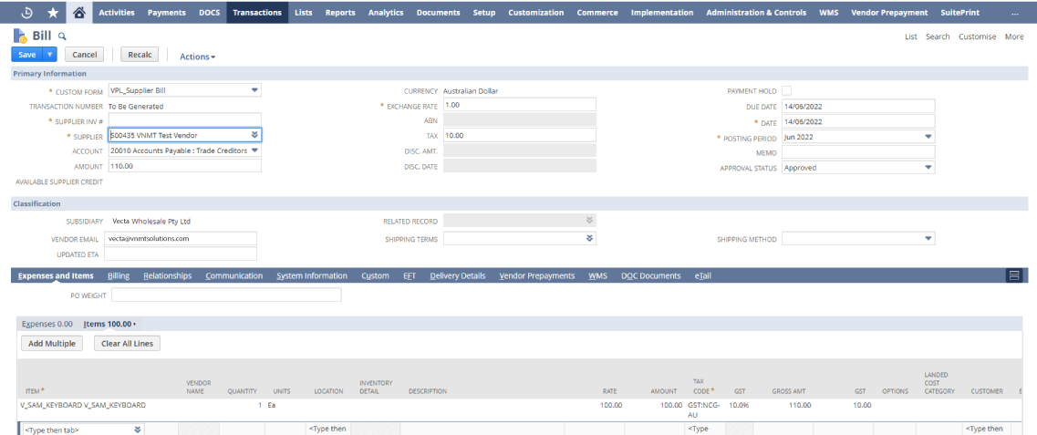 invoice creation in Netsuite