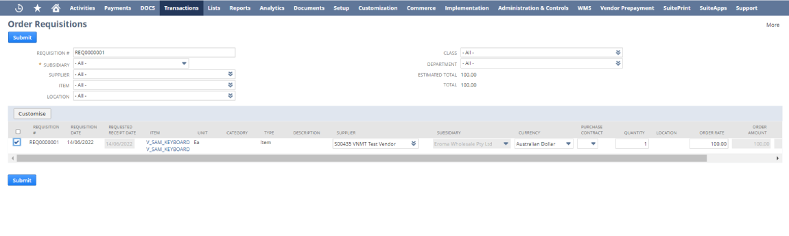 order requisition in NetSuite