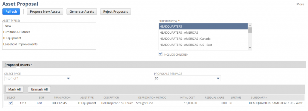 Asset Proposal in NetSuite Fixed assets Management