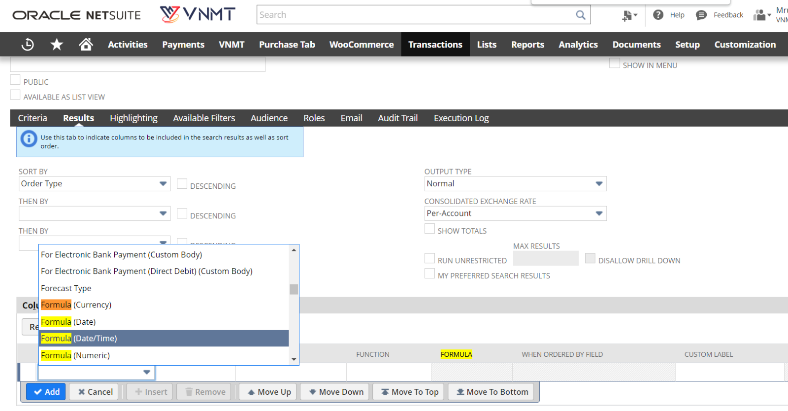 NetSuite Formula in Search Result