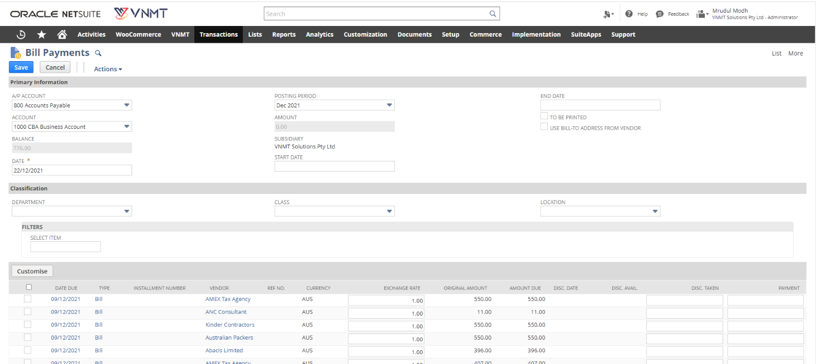 NetSuite Vendor Bill Payments Management 