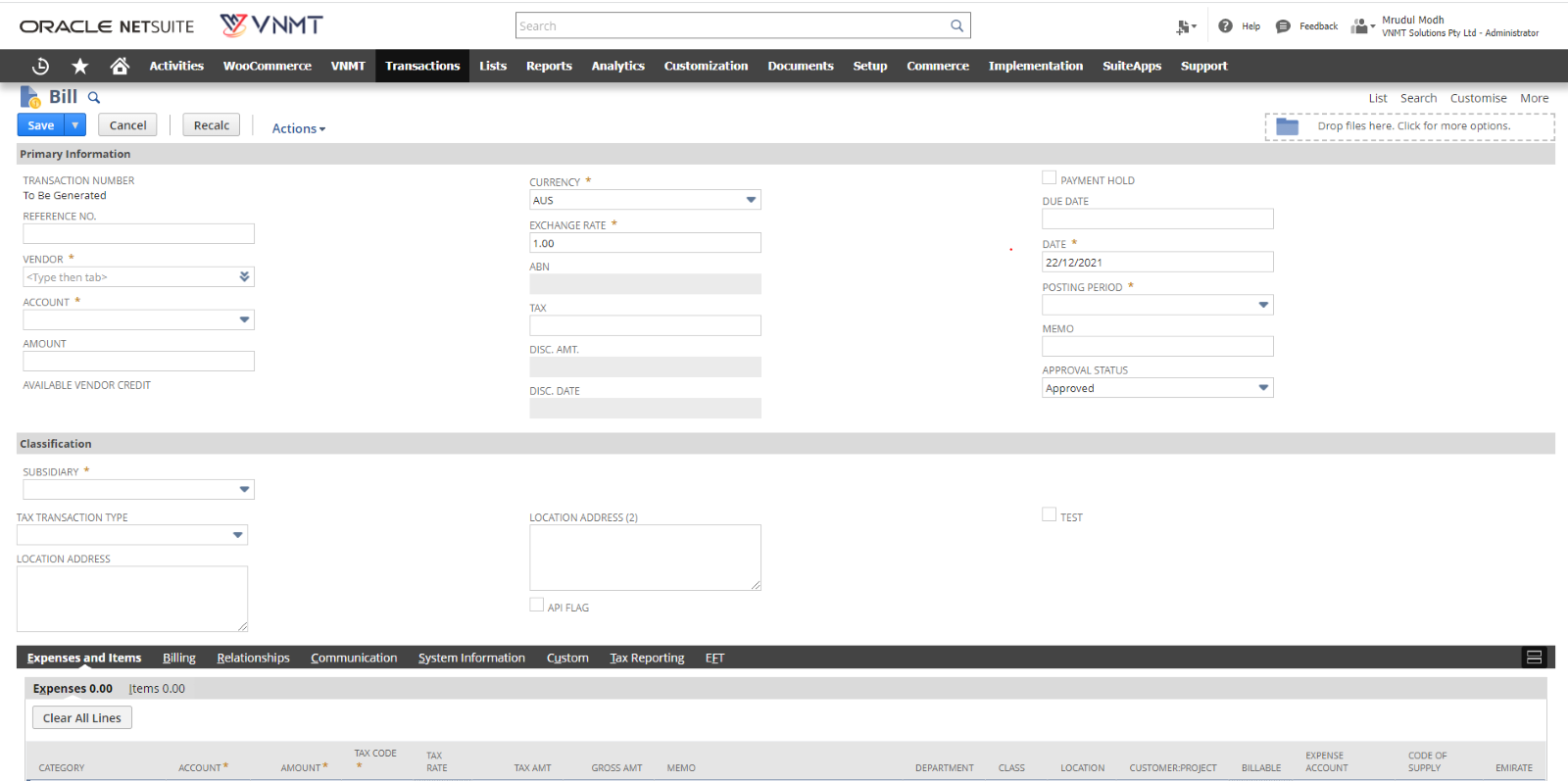 NetSuite Vendor Bills Management