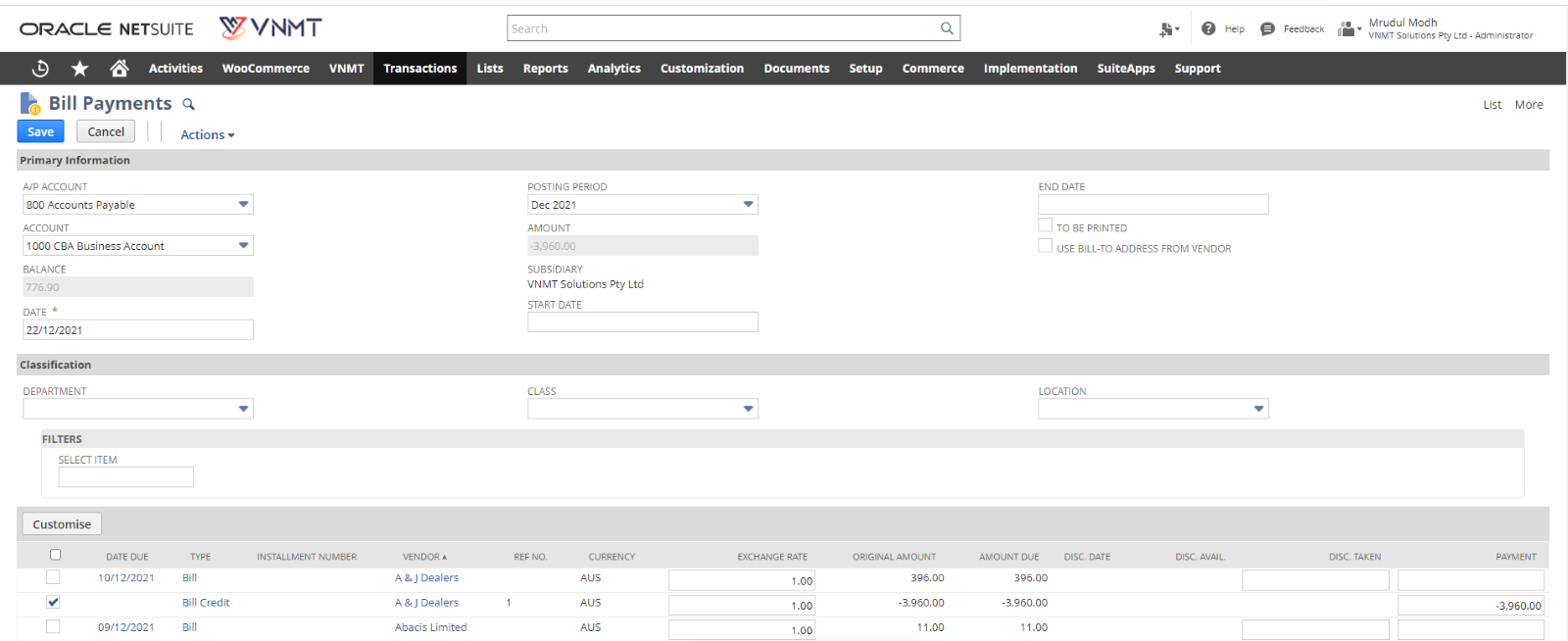 NetSuite Vendor Refunds Management