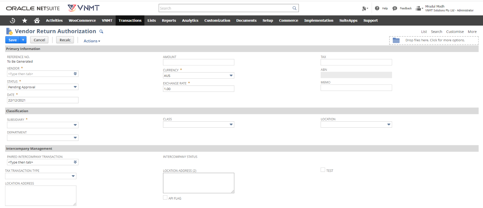 NetSuite Vendor Return Authorizations Management 