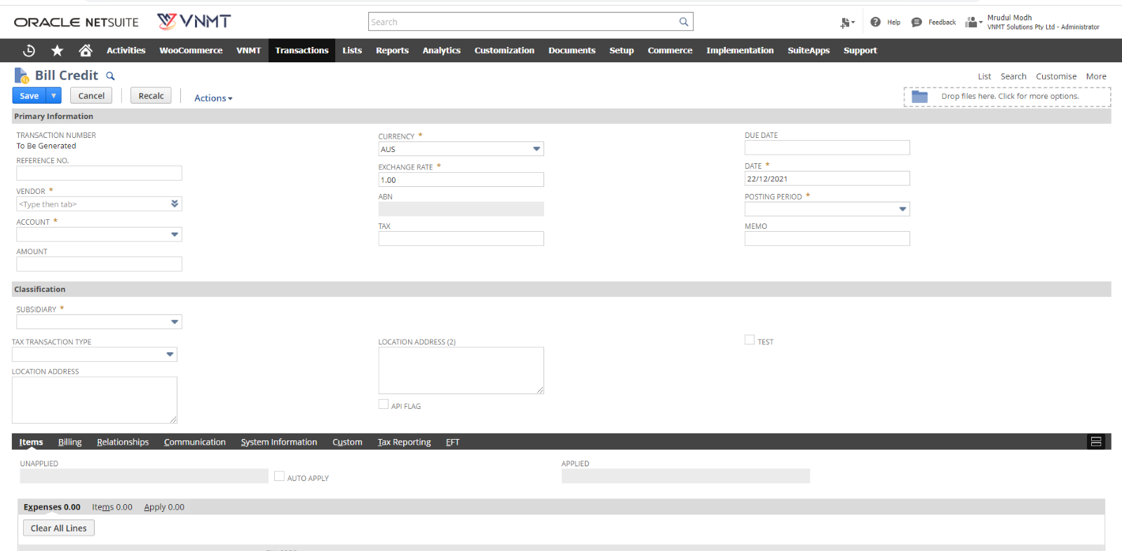 NetSuite Vendor credits Management 