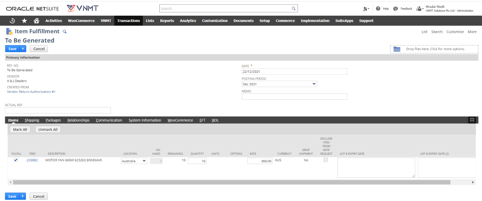 NetSuite Vendor return shipments Management 