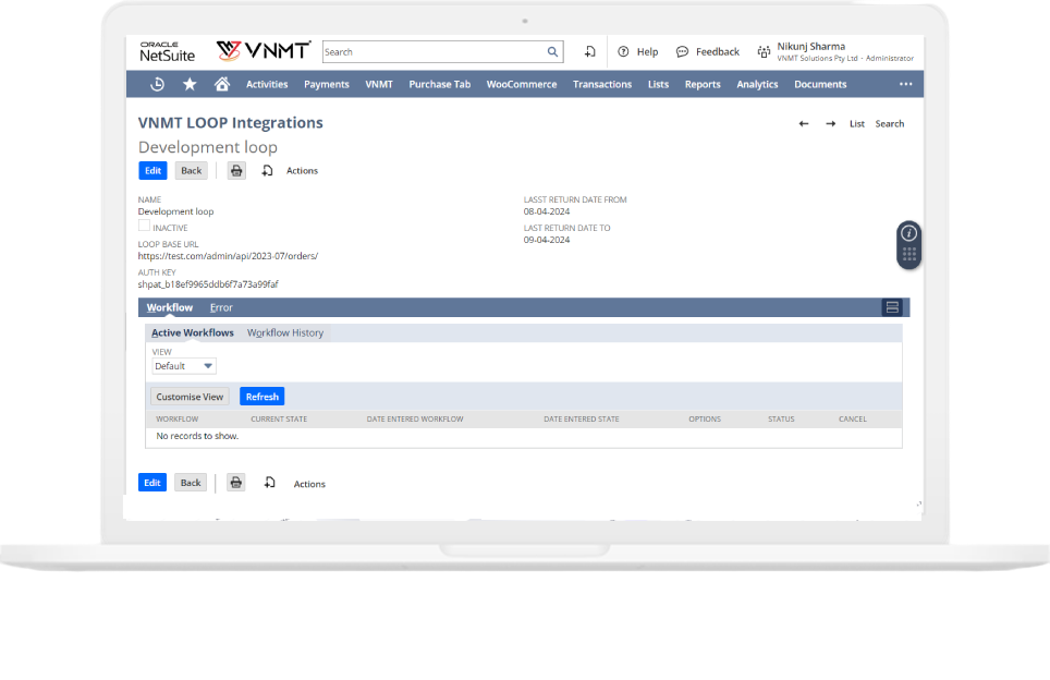 vnmt netsuite shopify loop integrator